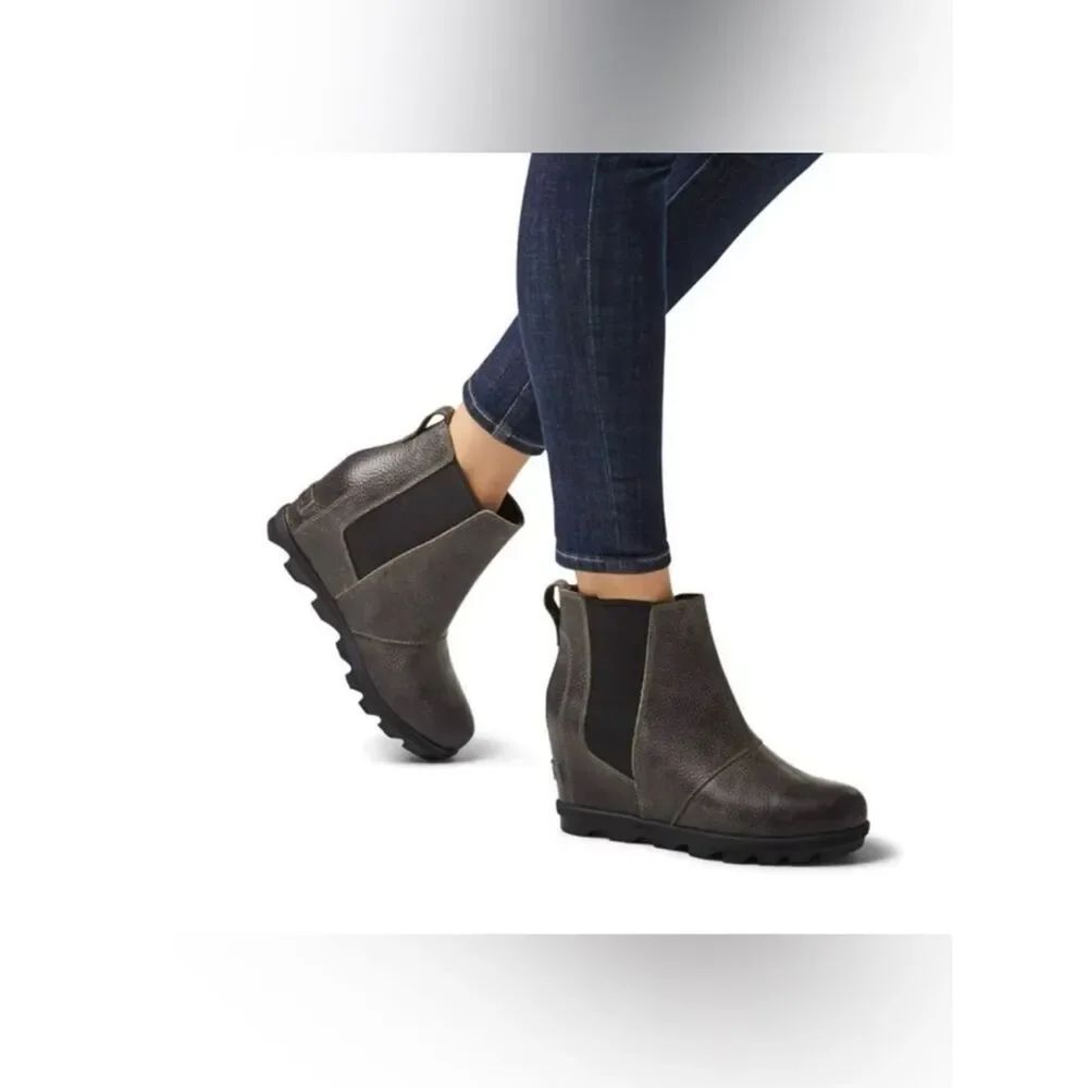Sorel Lea Wedge Boots Joan of Arctic Chelsea Quarry Grey Black Waterproof 8.5